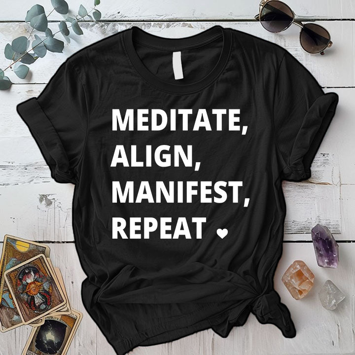 Meditate Align Manifest Repeat T Shirt Black Mockup