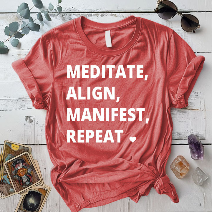 Meditate Align Manifest Repeat T Shirt Coral Silk Mockup