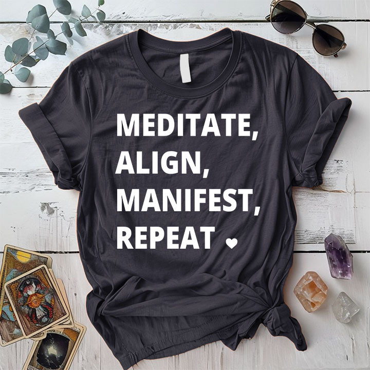 Meditate Align Manifest Repeat T Shirt Dark Heather Grey Mockup