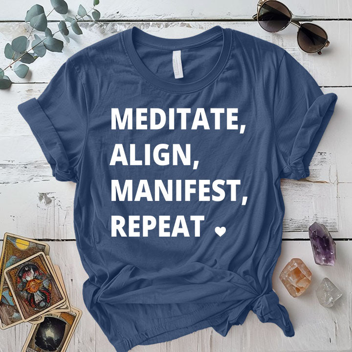 Meditate Align Manifest Repeat T Shirt Indigo Blue Mockup