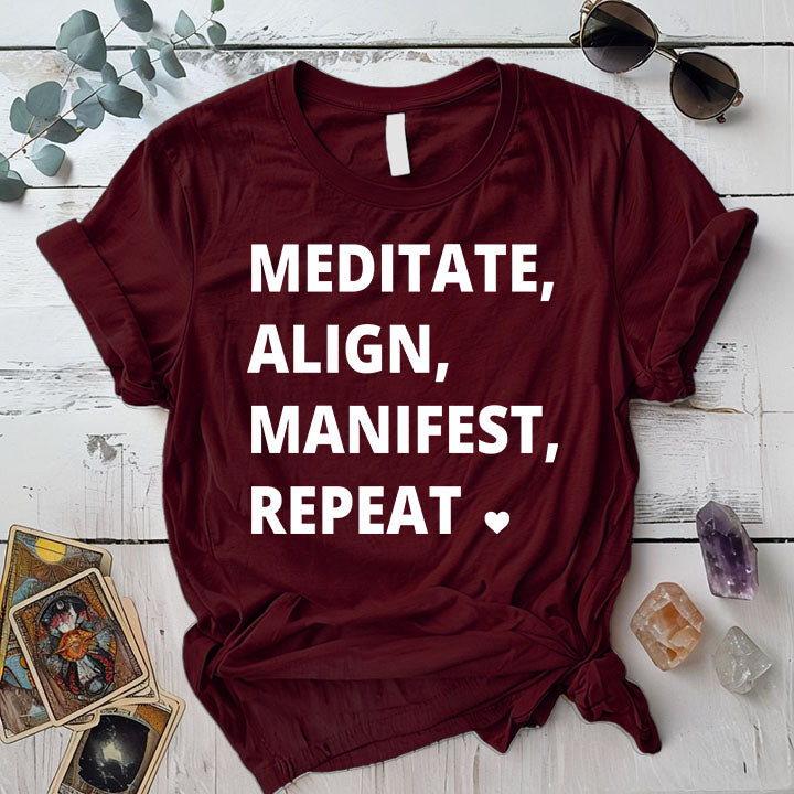Meditate Align Manifest Repeat T Shirt Maroon Mockup