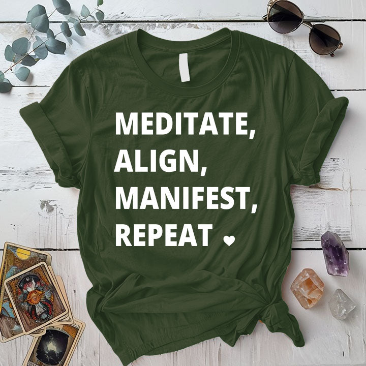 Meditate Align Manifest Repeat T Shirt Military Green Mockup