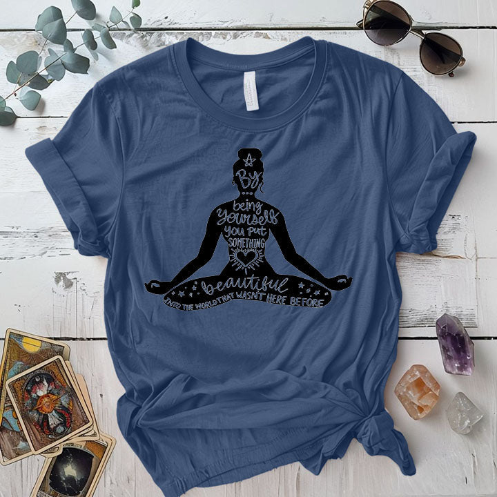Meditation Pose Motivational T Shirt Indigo Blue Mockup