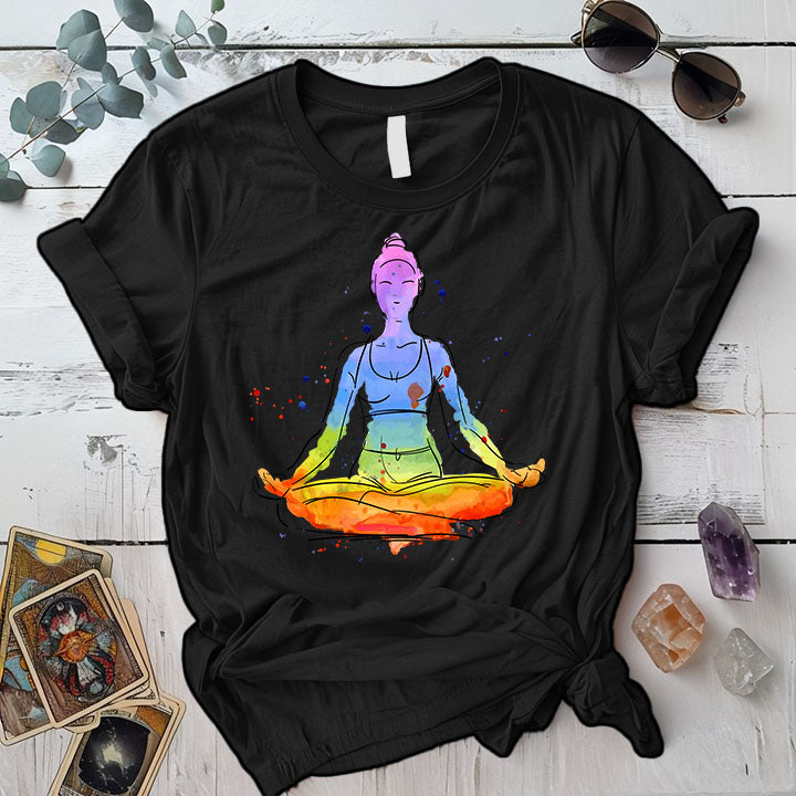 Meditation Pose Watercolor T Shirt Black Mockup
