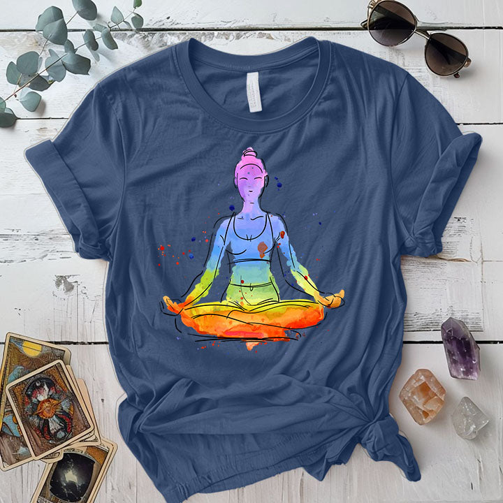 Meditation Pose Watercolor T Shirt Indigo Blue Mockup