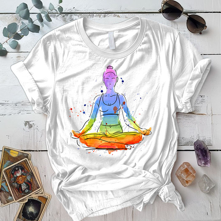 Meditation Pose Watercolor T Shirt White Mockup