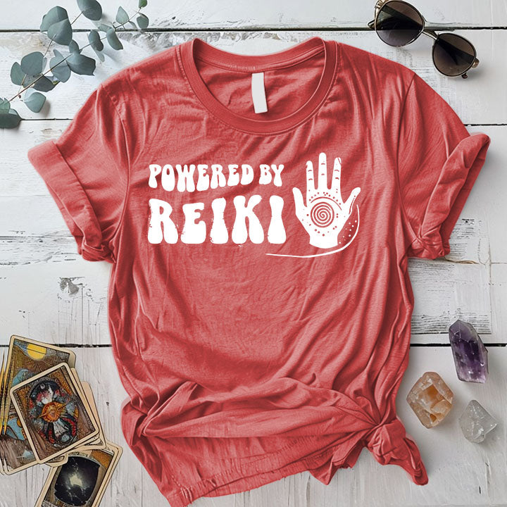 Powered By Reiki T Shirt Coral Silk Mockup