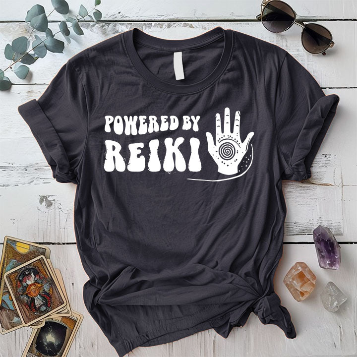 Powered By Reiki T Shirt Dark Heather Grey Mockup