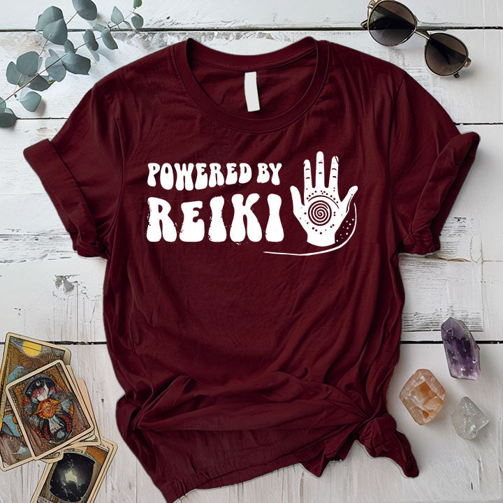 Powered By Reiki T Shirt Maroon Mockup