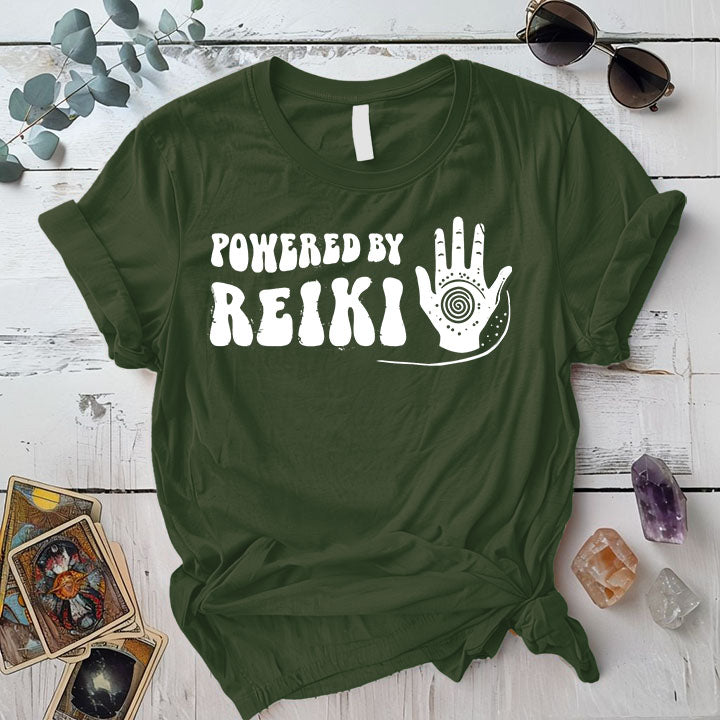 Powered By Reiki T Shirt Military Green Mockup