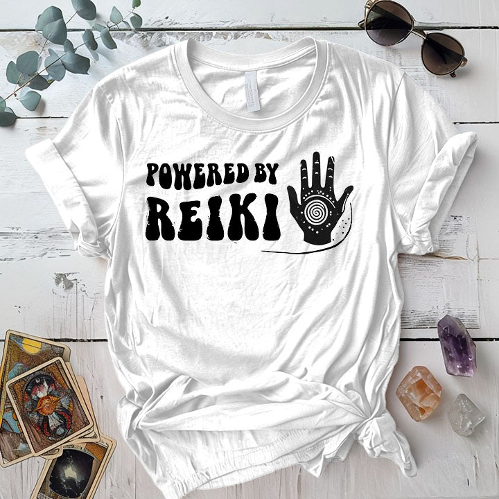 Powered By Reiki T Shirt White Mockup