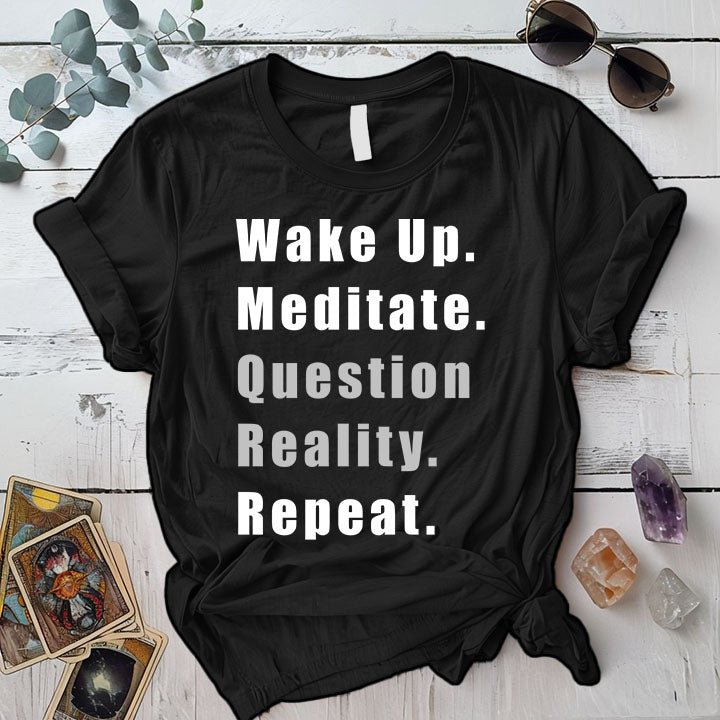 Question Reality Repeat T Shirt Black Mockup