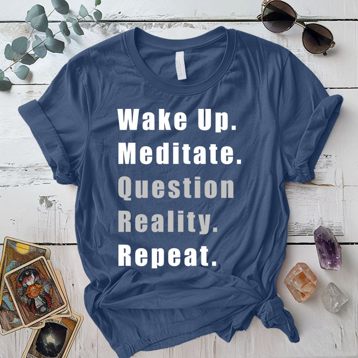 Question Reality Repeat T Shirt Indigo Blue Mockup