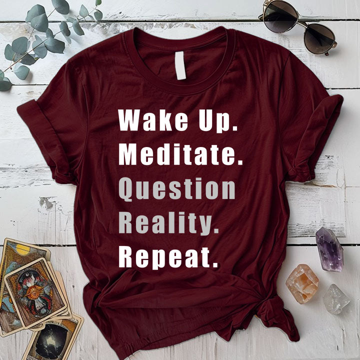 Question Reality Repeat T Shirt Maroon Mockup