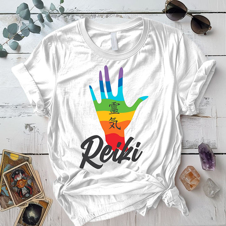 Reiki Rainbow Hand T Shirt White Mockup