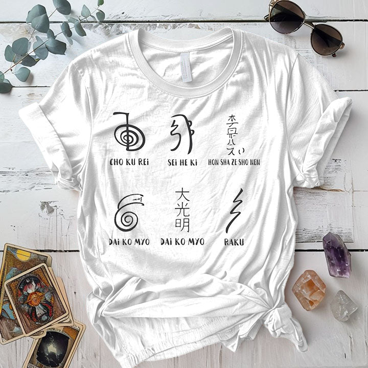 Reiki Six Symbols T Shirt White Mockup