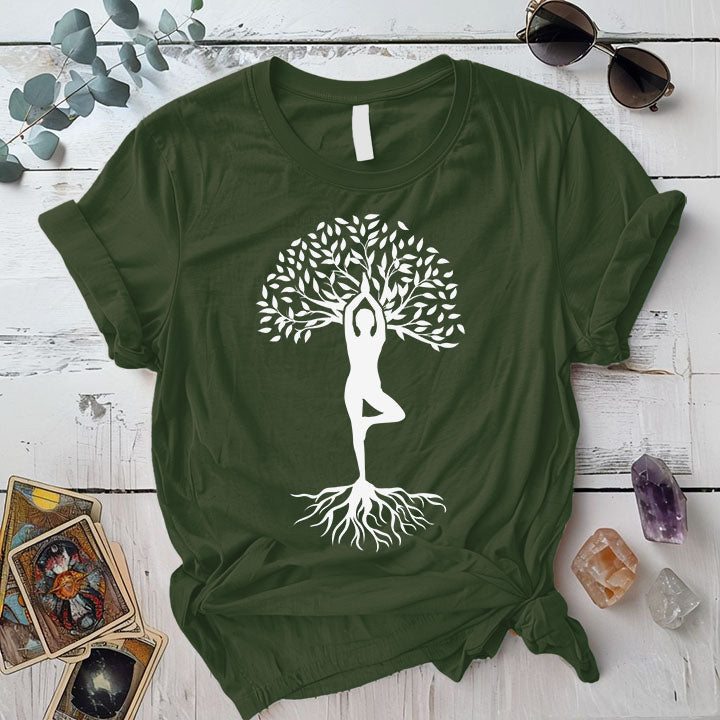 Tree Of Life Pose T Shirt Military Green Mockup