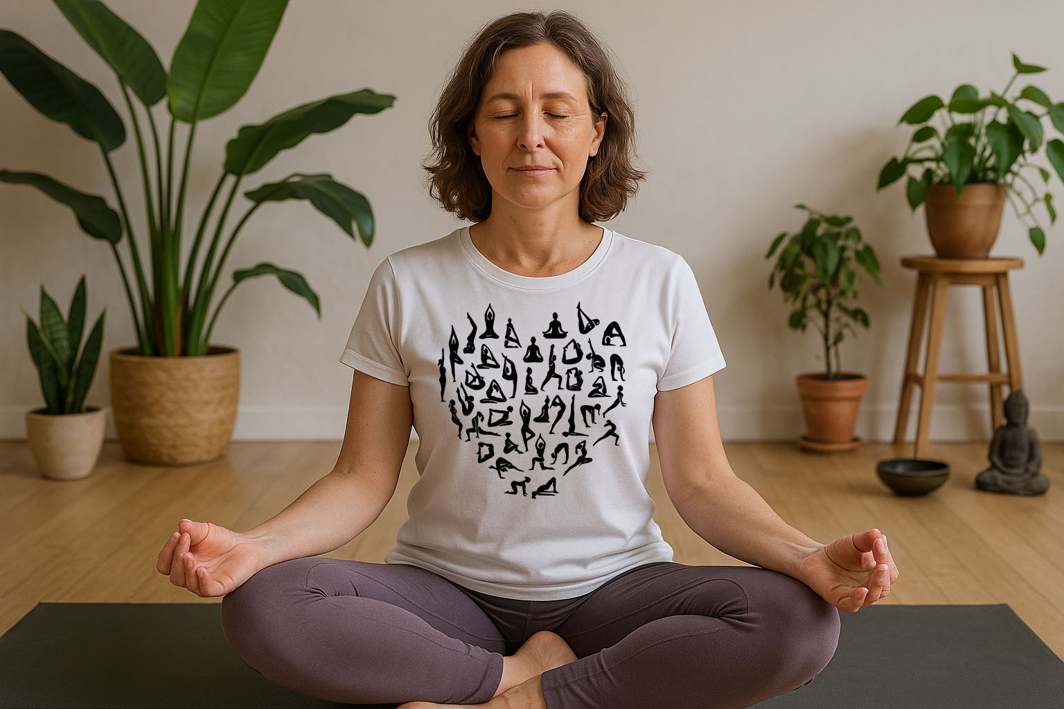 Middle-aged woman doing yoga in a serene studio, wearing a yoga themed t-shirt with the front clearly visible, surrounded by indoor plants and minimal decor.