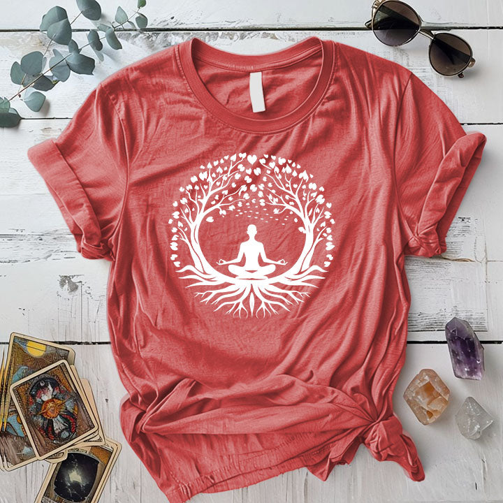Yoga Pose Tree T Shirt Coral Silk Mockup