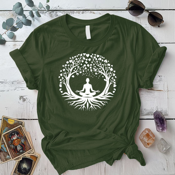 Yoga Pose Tree T Shirt Military Green Mockup