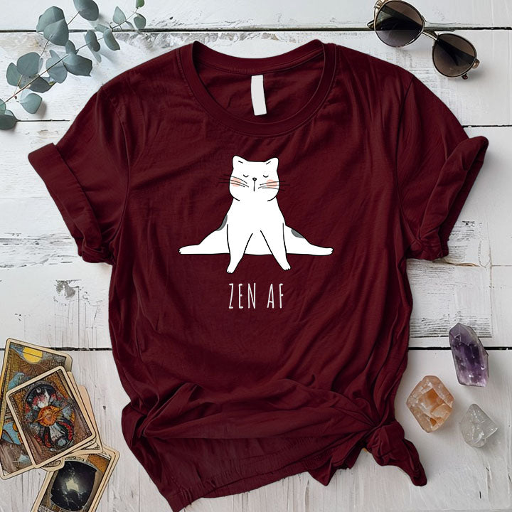 Zen Cat Split T Shirt Maroon Mockup