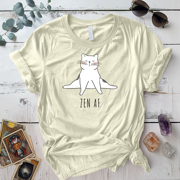 Zen Cat Split T Shirt Natural Mockup
