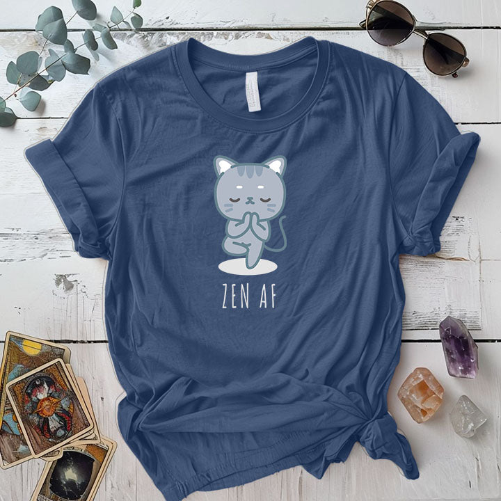 Zen Cat Standing Pose T Shirt Indigo Blue Mockup