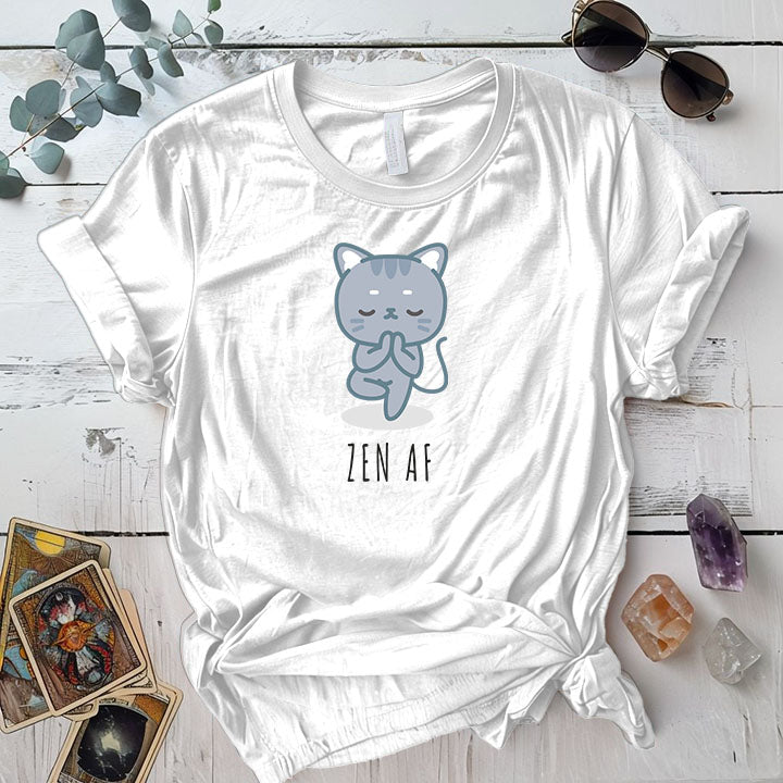 Zen Cat Standing Pose T Shirt White Mockup