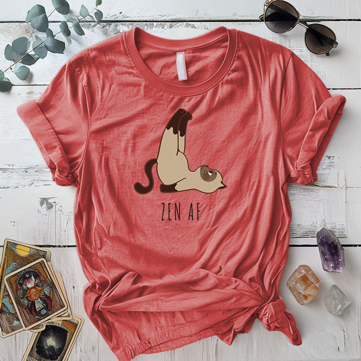 Zen Yoga Cat T Shirt Coral Silk Mockup