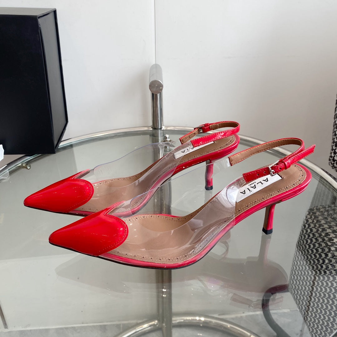 ALAIA HIGH 6 CM SLINGBACK IN CHERRY RED PATENT CALFSKIN AND FILM