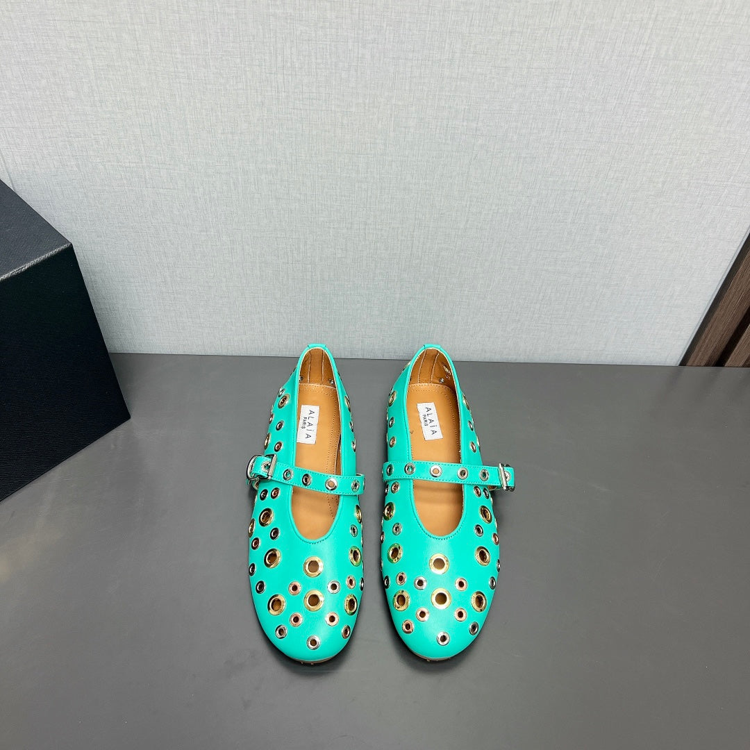 ALAIA MARY JANE SHOES IN GREEN MINT LAMBSKIN GOLD MIX SILVER HARDWARE
