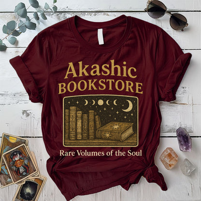 Akashic Bookstore T-Shirt Mockup Maroon