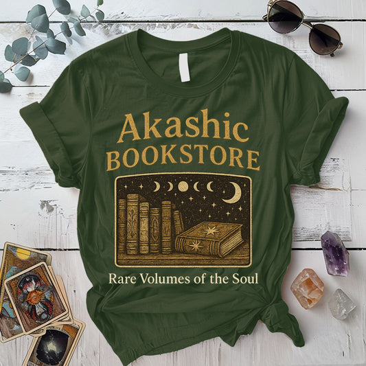 Akashic Bookstore T-Shirt Mockup Military Green