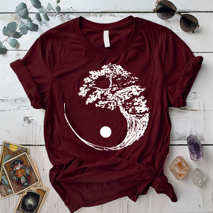 Bonsai Tree Ying Yang T-Shirt Mockup maroon