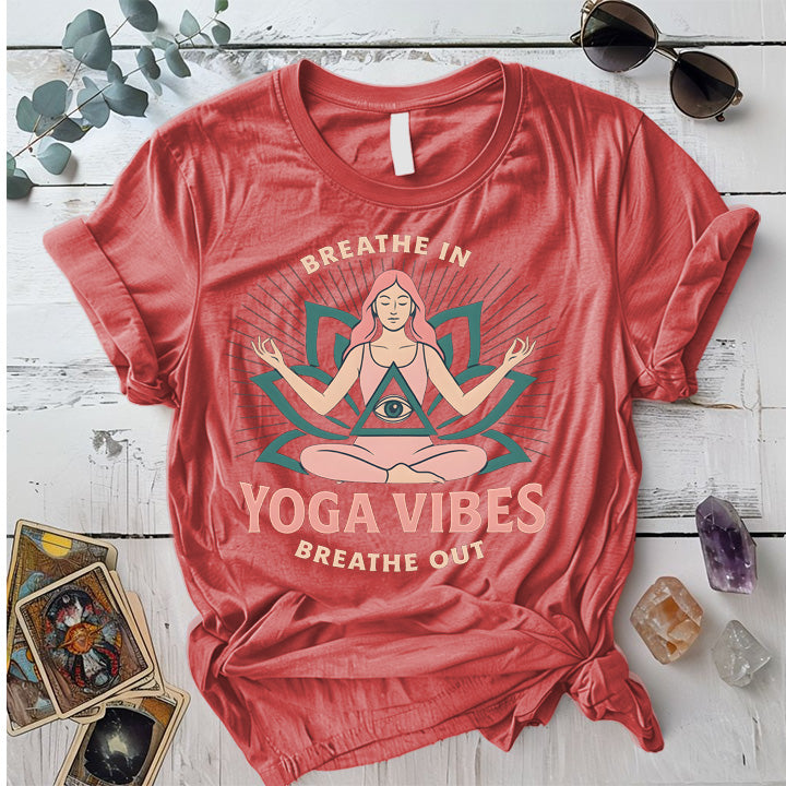 Breathe In Yoga Vibes T-Shirt Mockup Coral Silk