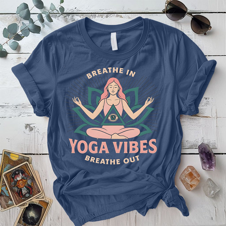 Breathe In Yoga Vibes T-Shirt Mockup Indigo Blue