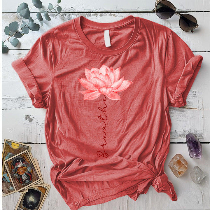 Breathe Lotus Flower T Shirt Coral Silk Mockup