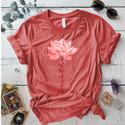 Breathe Lotus Flower T Shirt Coral Silk Mockup