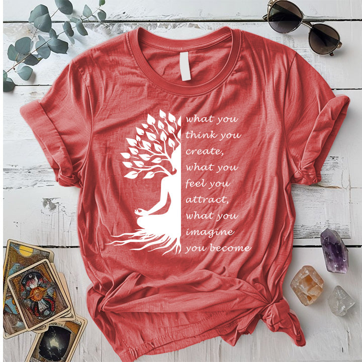 Buddha Tree Quote T-Shirt Mockup Coral Silk