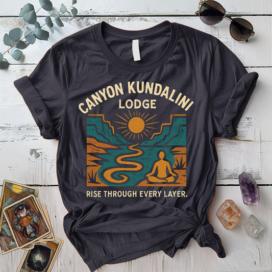 Canyon Kundalini Lodge T-Shirt Mockup Dark Heather Grey