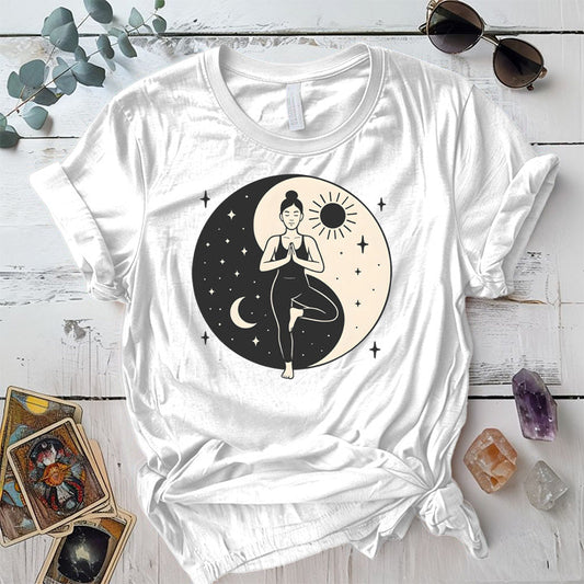 Celestial Harmony Pose T-Shirt Mockup White