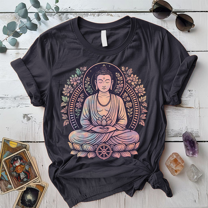 Celestial Serenity Buddha T-Shirt Mockup Dark Heather Grey