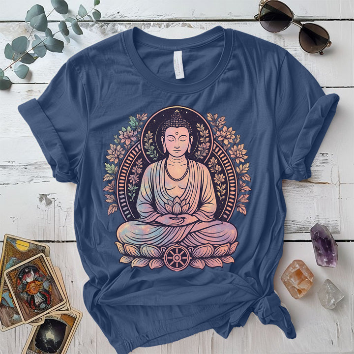 Celestial Serenity Buddha T-Shirt Mockup Indigo Blue