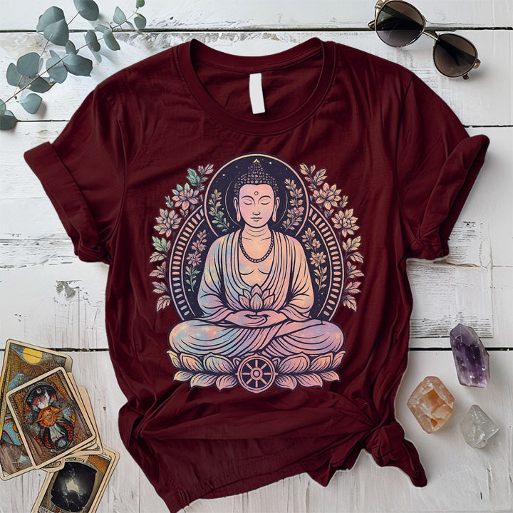 Celestial Serenity Buddha T-Shirt Mockup Maroon