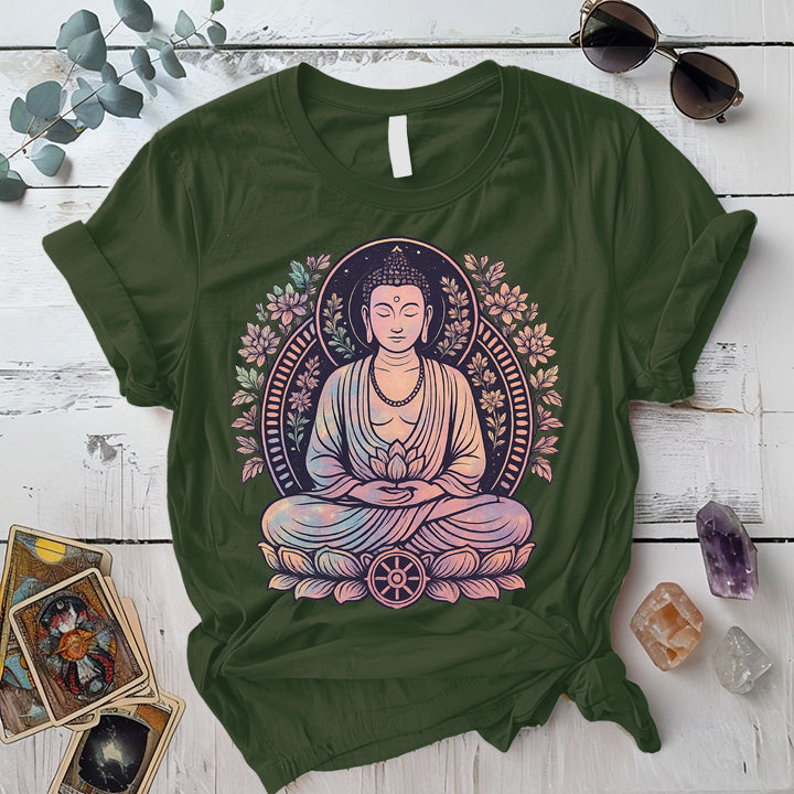 Celestial Serenity Buddha T-Shirt Mockup Military Green