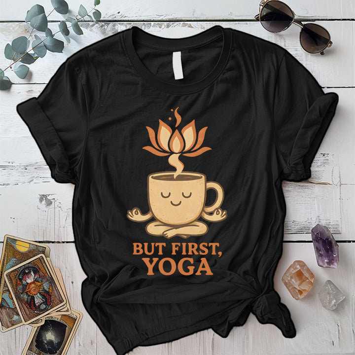 Coffee But First Yoga T-Shirt Mockup Black