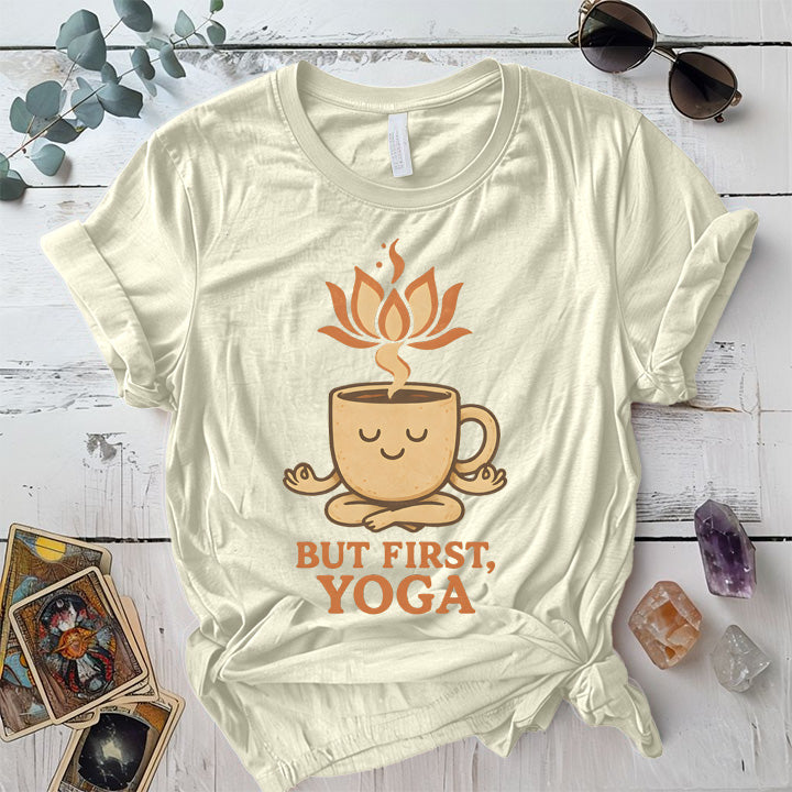Coffee But First Yoga T-Shirt Mockup Natural