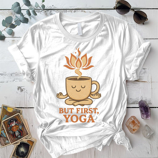 Coffee But First Yoga T-Shirt Mockup White