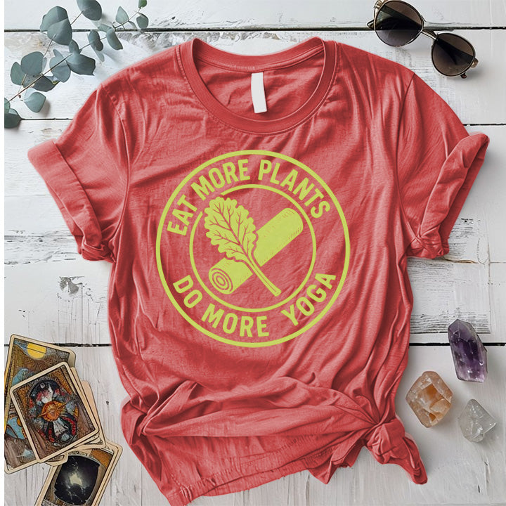Eat More Plants Do More Yoga T-Shirt Mockup Coral Silk