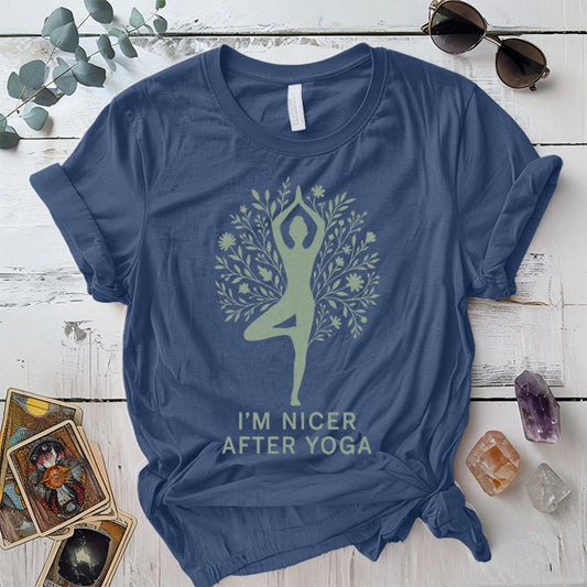 I'm Nicer After Yoga Floral T-Shirt Mockup Indigo Blue